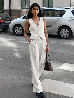 Forever 21 White Sleeveless Vest Pants 2 Piece Set Summer